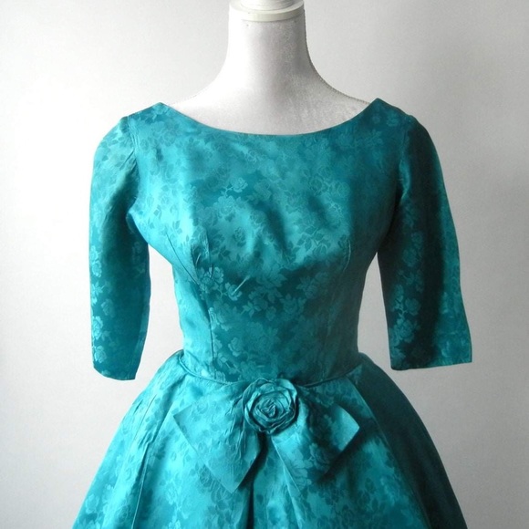 Vintage 1950 Teal Satin Damask Dress - Picture 2 of 6